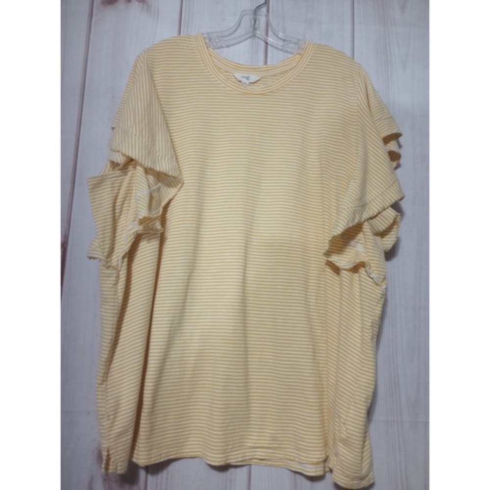 Terra & Sky Yellow‎ White Striped Ruffle Sleeve Top 2X 20W-22W Cotton Modal Tee